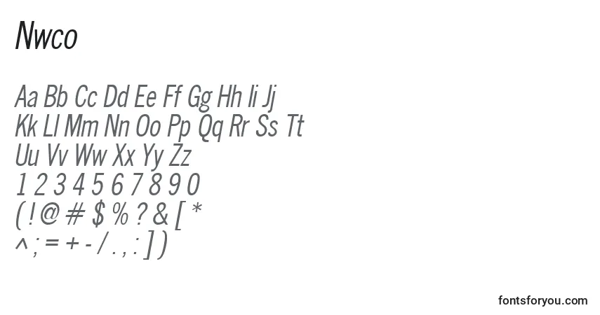 Czcionka Nwco – alfabet, cyfry, specjalne znaki
