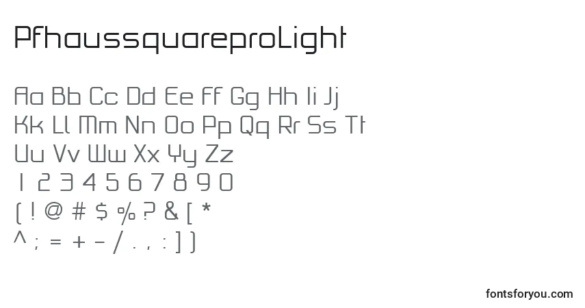 Czcionka PfhaussquareproLight – alfabet, cyfry, specjalne znaki