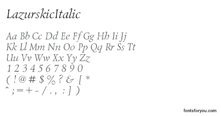 Czcionka LazurskicItalic – alfabet, cyfry, specjalne znaki