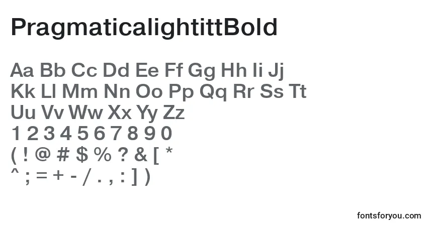 A fonte PragmaticalightittBold – alfabeto, números, caracteres especiais