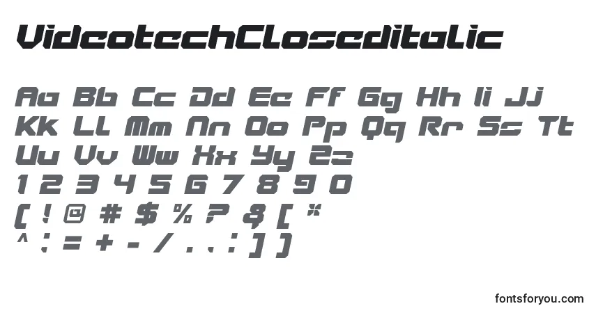 Шрифт VideotechCloseditalic – алфавит, цифры, специальные символы