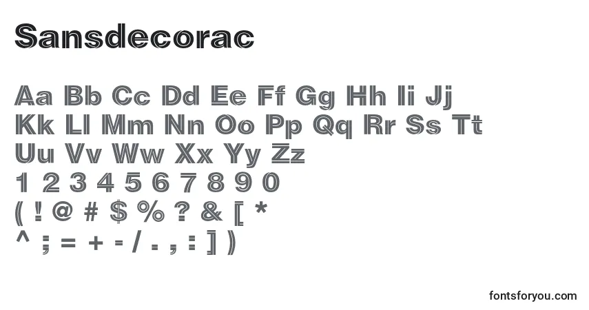 A fonte Sansdecorac – alfabeto, números, caracteres especiais