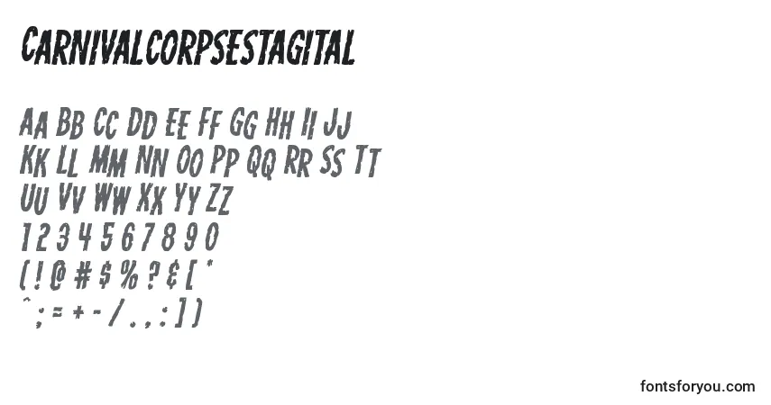 Czcionka Carnivalcorpsestagital – alfabet, cyfry, specjalne znaki