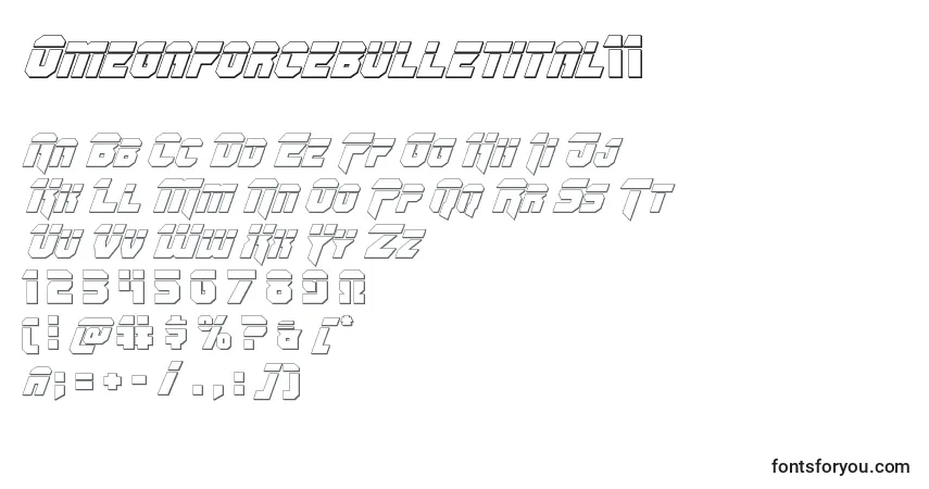 Шрифт Omegaforcebulletital11 – алфавит, цифры, специальные символы