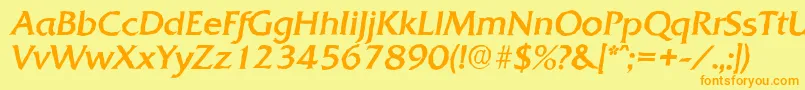 フォントQuadratantiqueItalic – オレンジの文字が黄色の背景にあります。