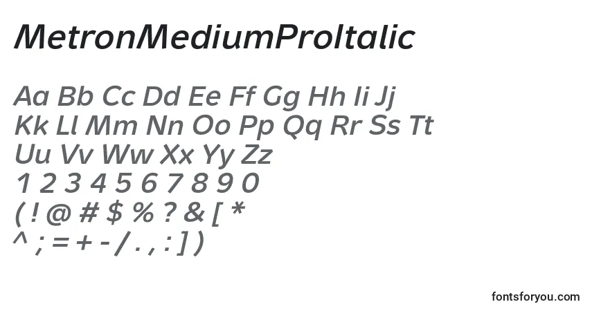 Шрифт MetronMediumProItalic – алфавит, цифры, специальные символы