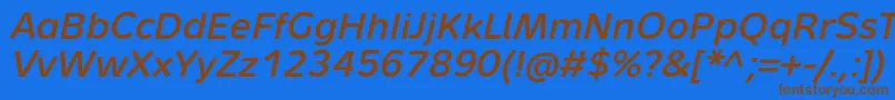 フォントMetronMediumProItalic – 茶色の文字が青い背景にあります。