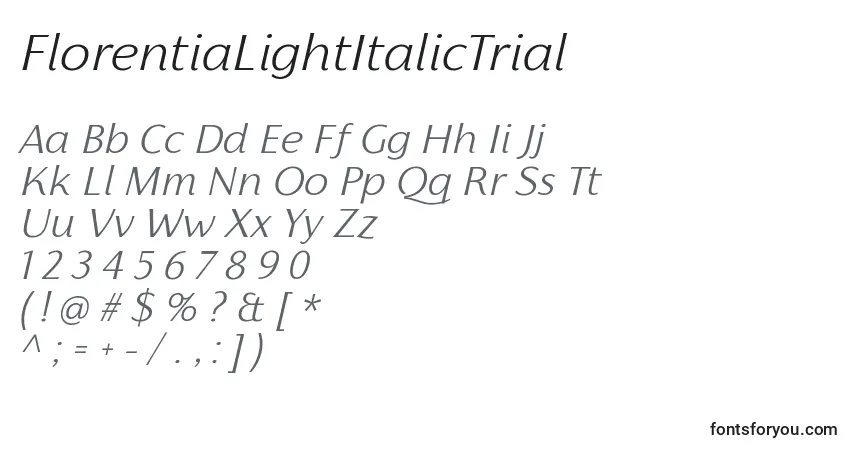 A fonte FlorentiaLightItalicTrial – alfabeto, números, caracteres especiais