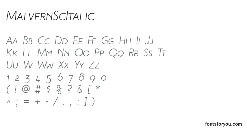 Czcionka MalvernScItalic – alfabet, cyfry, specjalne znaki