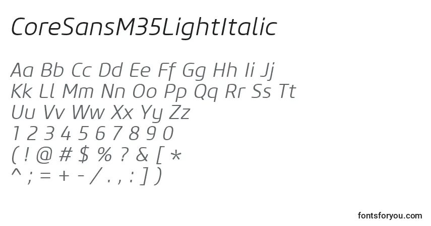 characters of coresansm35lightitalic font, letter of coresansm35lightitalic font, alphabet of  coresansm35lightitalic font