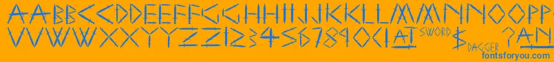 YySwordAndDagger-Schriftart – Blaue Schriften auf orangefarbenem Hintergrund