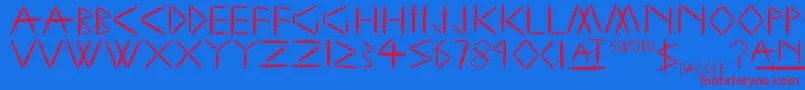 Weitere Informationen zur YySwordAndDagger-Schriftart YySwordAndDagger-Schriftart – Rote Schriften auf blauem Hintergrund