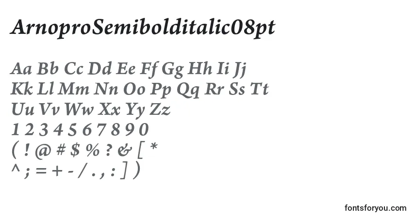 A fonte ArnoproSemibolditalic08pt – alfabeto, números, caracteres especiais