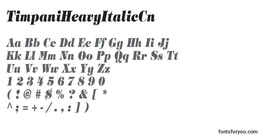 A fonte TimpaniHeavyItalicCn – alfabeto, números, caracteres especiais