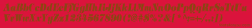 TimpaniHeavyItalicCn-Schriftart – Braune Schriften auf rotem Hintergrund