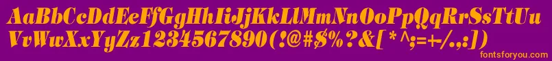 TimpaniHeavyItalicCn-fontti – oranssit fontit violetilla taustalla