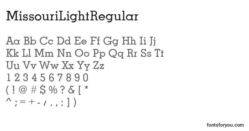Schriftart MissouriLightRegular – Alphabet, Zahlen, spezielle Symbole