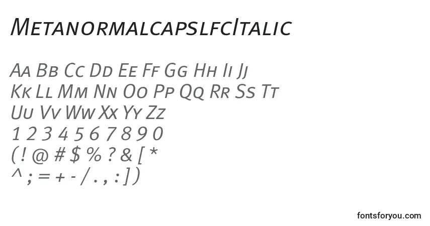 A fonte MetanormalcapslfcItalic – alfabeto, números, caracteres especiais