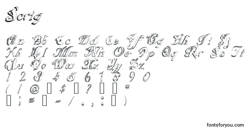 Czcionka Scrig – alfabet, cyfry, specjalne znaki