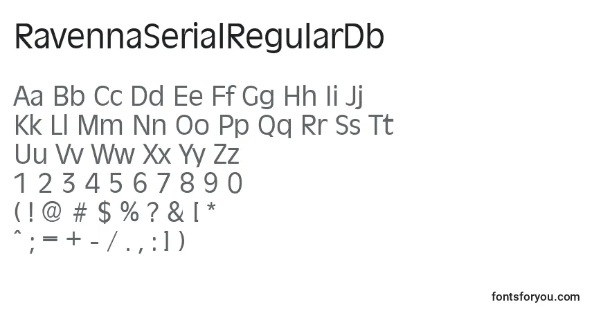 A fonte RavennaSerialRegularDb – alfabeto, números, caracteres especiais
