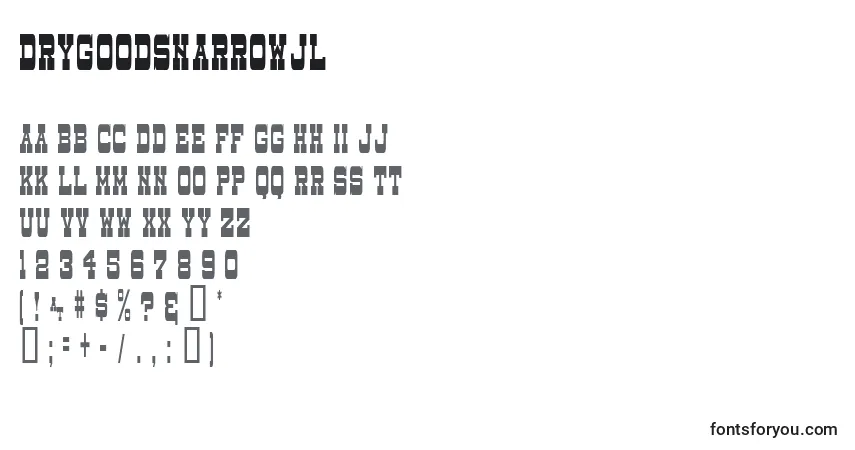 A fonte DryGoodsNarrowJl – alfabeto, números, caracteres especiais