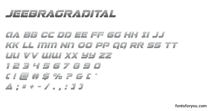 Schriftart Jeebragradital – Alphabet, Zahlen, spezielle Symbole