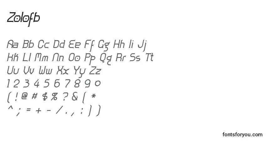A fonte Zolofb – alfabeto, números, caracteres especiais