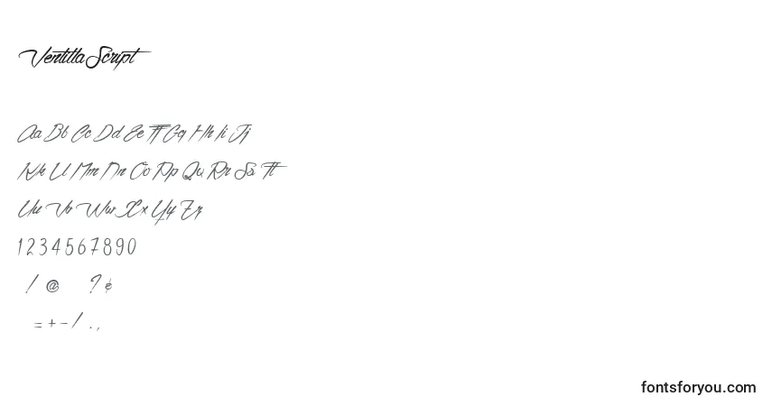 characters of ventillascript font, letter of ventillascript font, alphabet of  ventillascript font