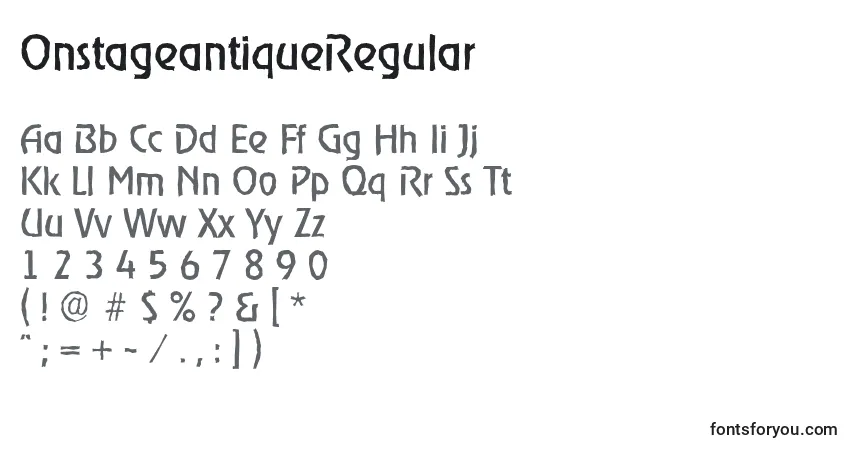 Schriftart OnstageantiqueRegular – Alphabet, Zahlen, spezielle Symbole