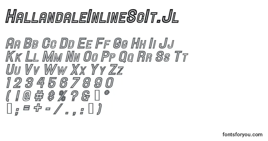 A fonte HallandaleInlineScIt.Jl – alfabeto, números, caracteres especiais