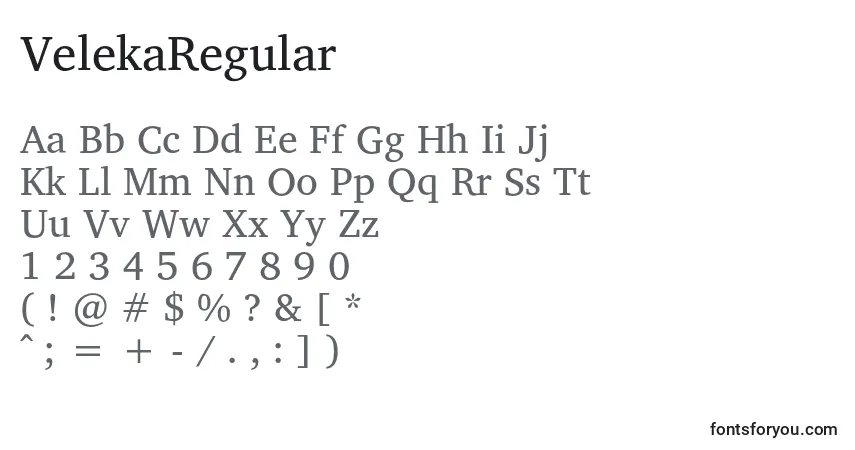 Schriftart VelekaRegular – Alphabet, Zahlen, spezielle Symbole