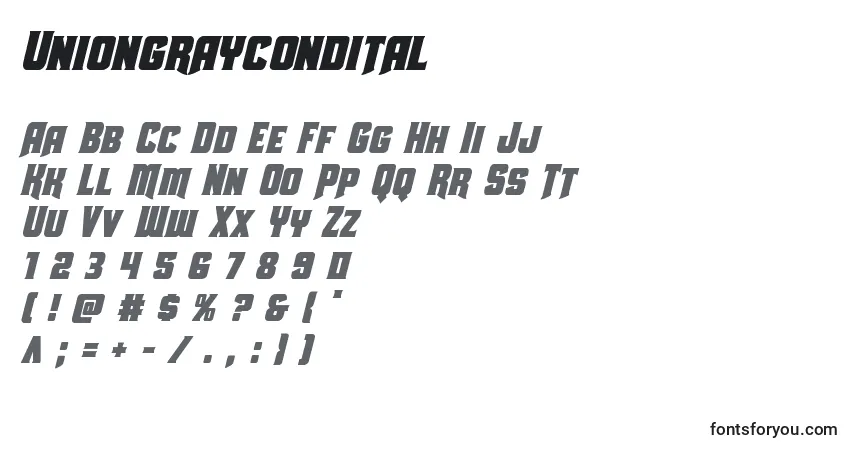 Czcionka Uniongraycondital – alfabet, cyfry, specjalne znaki