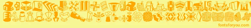 Minipicslilfeatures-Schriftart – Orangefarbene Schriften auf gelbem Hintergrund