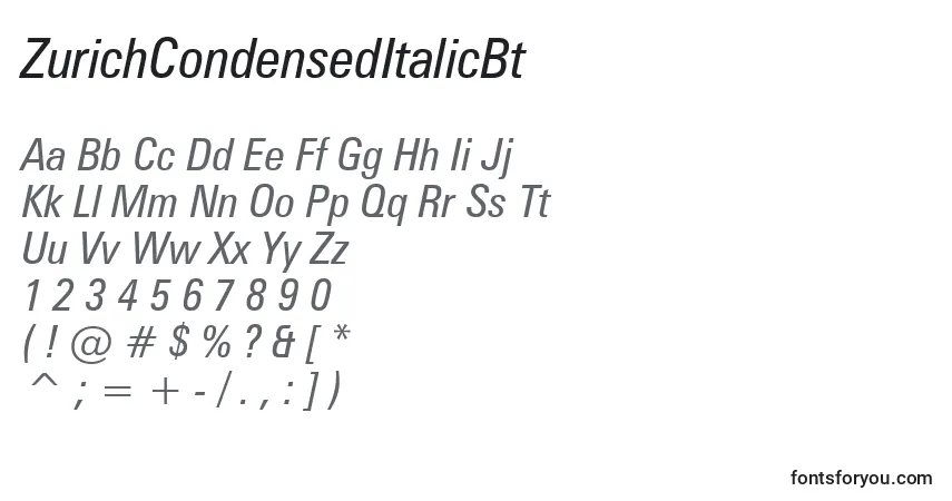Шрифт ZurichCondensedItalicBt – алфавит, цифры, специальные символы