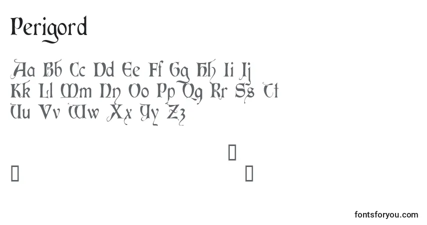 Czcionka Perigord – alfabet, cyfry, specjalne znaki