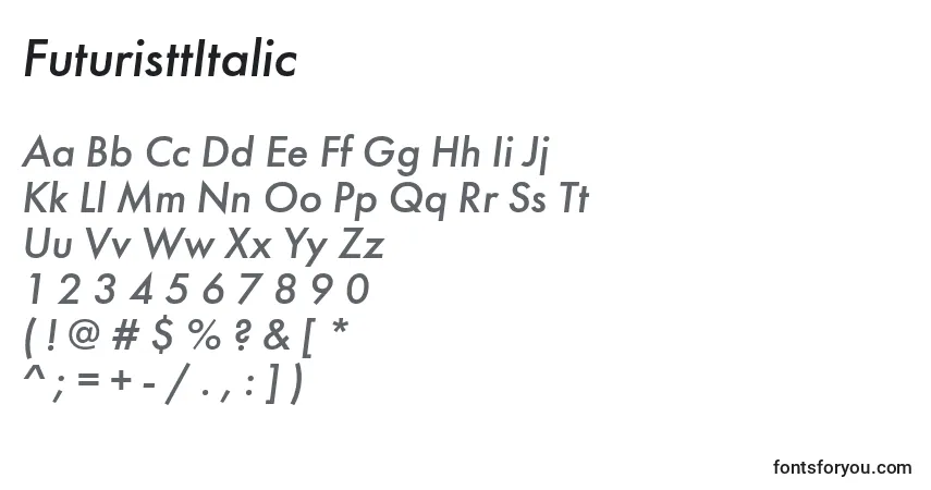 A fonte FuturisttItalic – alfabeto, números, caracteres especiais