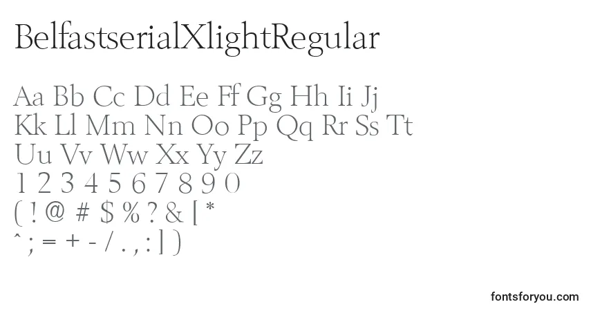 Schriftart BelfastserialXlightRegular – Alphabet, Zahlen, spezielle Symbole