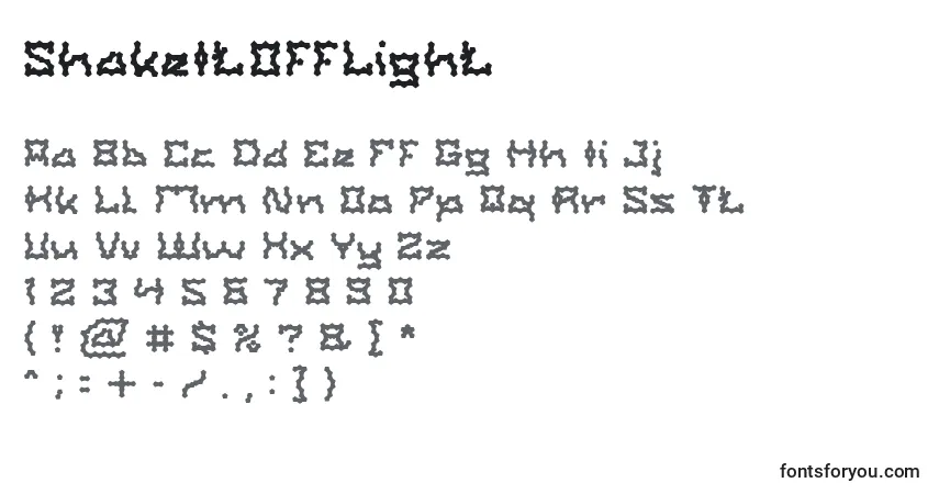 Шрифт ShakeItOffLight – алфавит, цифры, специальные символы