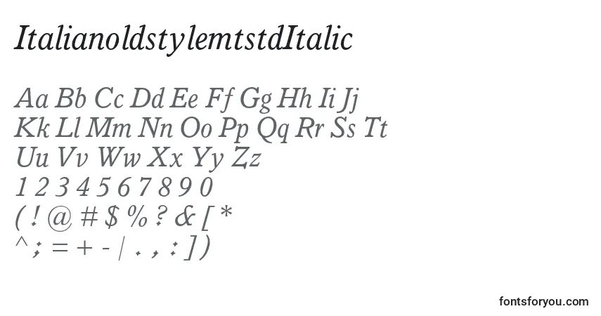 A fonte ItalianoldstylemtstdItalic – alfabeto, números, caracteres especiais