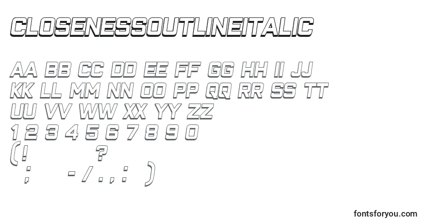 Schriftart ClosenessOutlineItalic – Alphabet, Zahlen, spezielle Symbole
