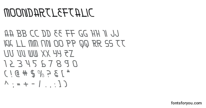 Schriftart MoonDartLeftalic – Alphabet, Zahlen, spezielle Symbole