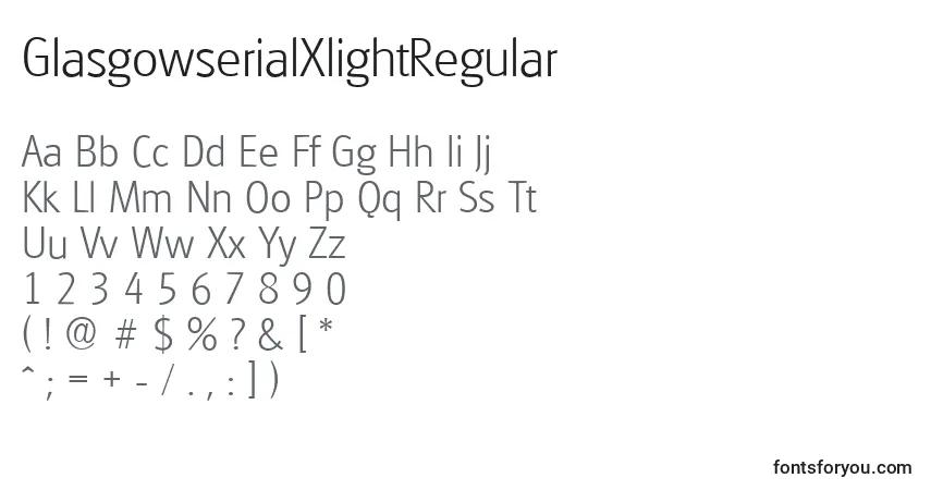 A fonte GlasgowserialXlightRegular – alfabeto, números, caracteres especiais