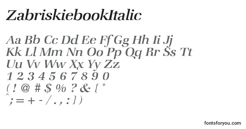 Шрифт ZabriskiebookItalic – алфавит, цифры, специальные символы