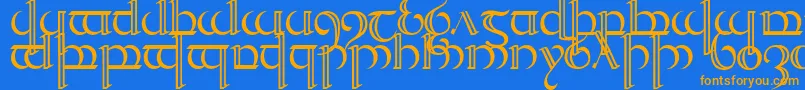 フォントQuencap2 – オレンジ色の文字が青い背景にあります。