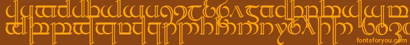 フォントQuencap2 – オレンジ色の文字が茶色の背景にあります。