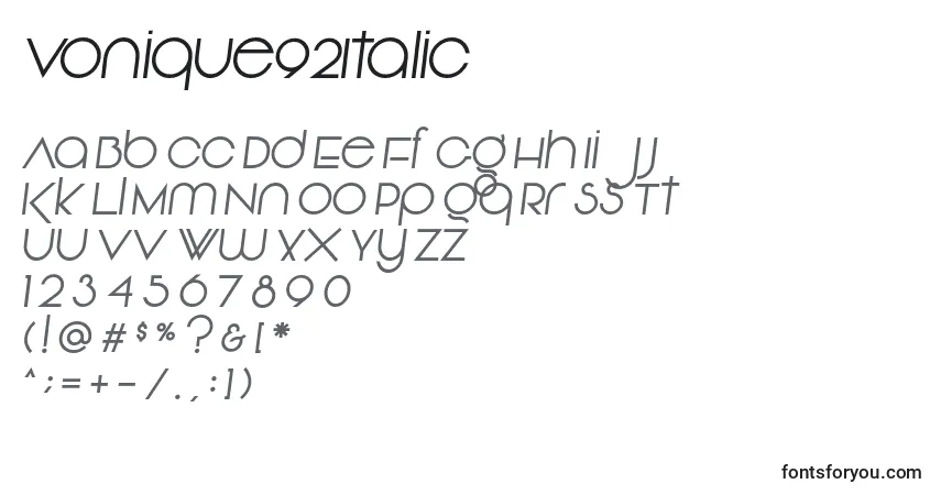 A fonte Vonique92Italic – alfabeto, números, caracteres especiais