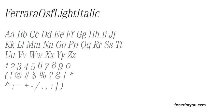 Czcionka FerraraOsfLightItalic – alfabet, cyfry, specjalne znaki