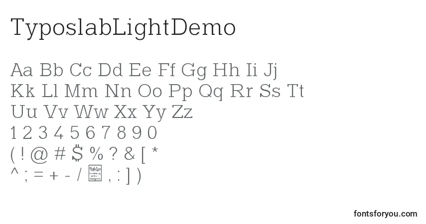 Czcionka TyposlabLightDemo – alfabet, cyfry, specjalne znaki