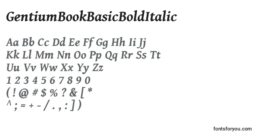 GentiumBookBasicBoldItalic-fontti – aakkoset, numerot, erikoismerkit