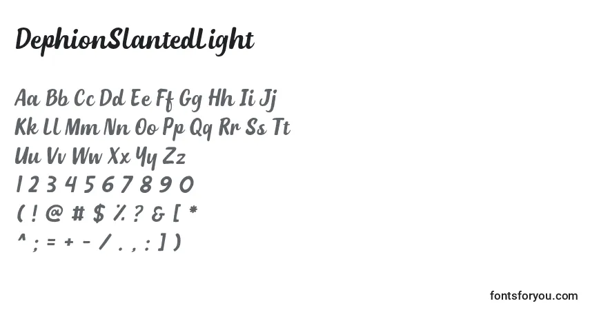 A fonte DephionSlantedLight – alfabeto, números, caracteres especiais